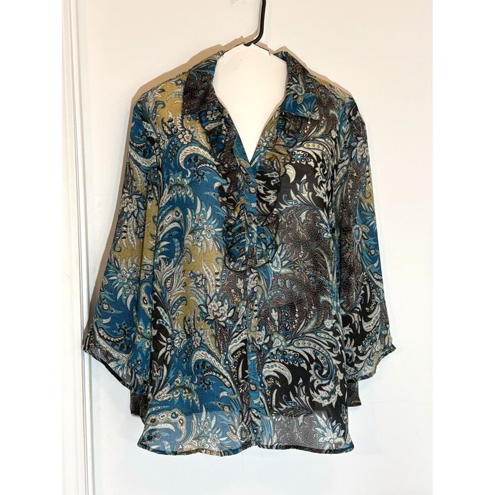 Mirage Mode 3X Semi Sheer Blouse Ruffled Sleeve Teal & Black Paisley Button Up